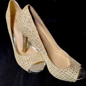 Audrey Brooke peep toe ivory and silver heels